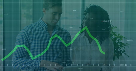Poster - Analyzing financial data, business people with green graph image over them