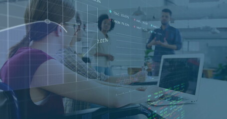 Poster - Financial data and stock market image over business meeting in modern office