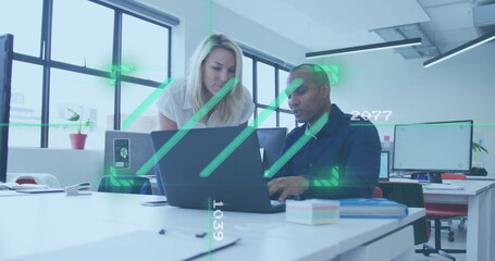 Poster - Discussing work at laptop, colleagues in office with data processing image over