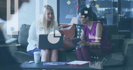 Poster - Financial data processing image over businesswomen discussing work in modern office