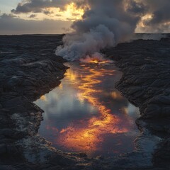 Canvas Print - Lava flows reflect sunset in volcanic rock.