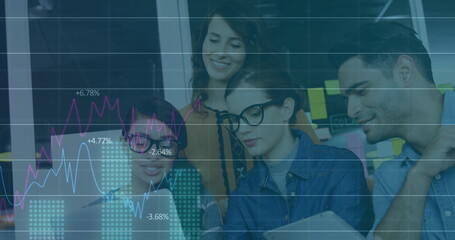 Poster - Analyzing data on laptop, group of colleagues with financial graph image over them