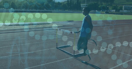 Poster - Athlete with prosthetic leg on track with data processing image over scene