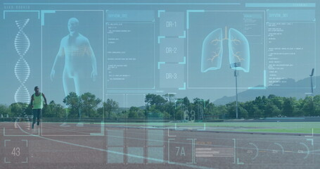 Poster - Medical data and human anatomy image over outdoor sports track background