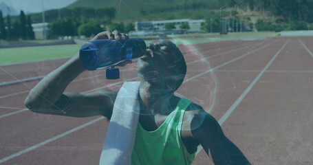Poster - Drinking water and resting, athlete on track with network connections image