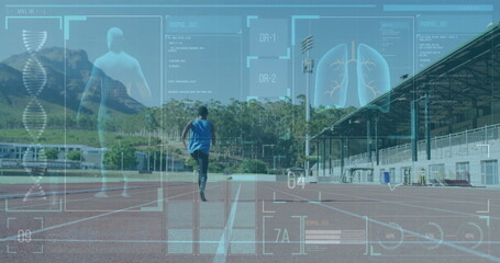 Poster - Runner on track with health data and lung analysis image over landscape