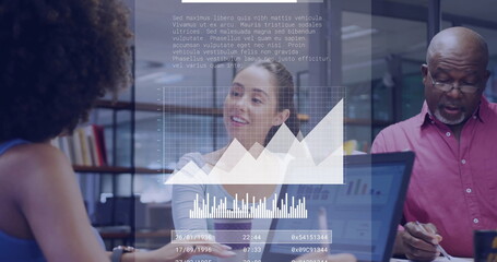 Poster - Data analysis and coding image over diverse business people working in office