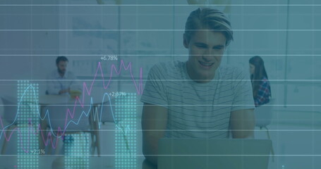 Poster - Financial data and graph image over young man working on laptop
