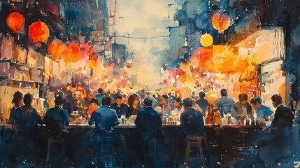 Canvas Print - expressive watercolor painting capturing a bustling flea market