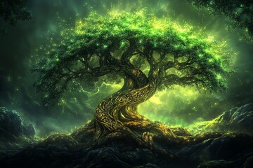 Wall Mural - Enchanted glowing tree in mystical forest