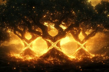 Wall Mural - Golden, glowing trees in a mystical forest