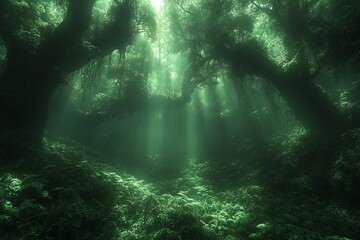 Wall Mural - Mysterious green forest, sunbeams pierce through dense canopy.