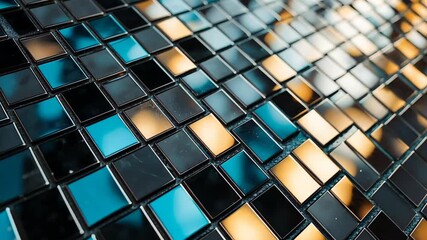 Poster - Reflective tiles create mesmerizing patterns in a vibrant urban space during golden hour lighting. Generative AI