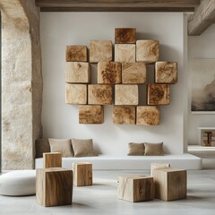 Wall Mural - Modern minimalist living room, wood block decor.