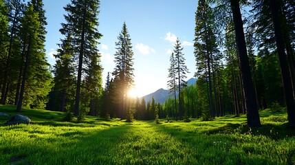 Wall Mural - serene sunset in a lush green forest with majestic mountains in the background