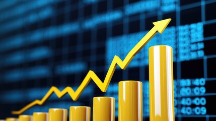 Poster - Rising yellow bar graph with an upward arrow on a digital background.