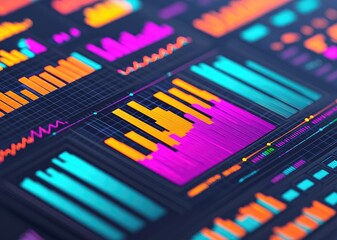 Poster - Colorful data visualization with vibrant bars and lines on a dark background.