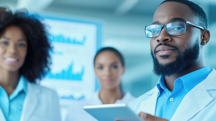 Poster - A focused professional reviewing data on a tablet with colleagues in a modern office.