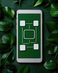 Poster - Mobile phone on a green background surrounded by leaves, featuring a circuit-like diagram.