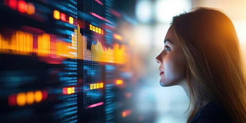 Poster - Woman observing data visualizations with a focused expression.