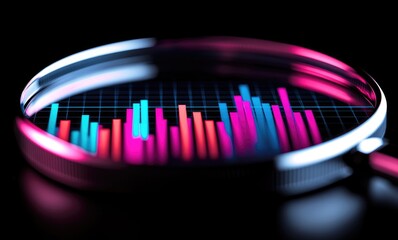 Poster - Magnifying glass over colorful data visualization on a dark background.