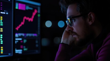Poster - Person analyzing stock market data on multiple screens in a dark environment.