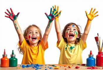 Two children with painted hands and faces paint bottles brushes.