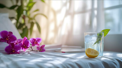 a flat white surface in the foreground of an empty table blurry background scene of a bedroom with a messy bed to one side an open window letting in beautiful white li