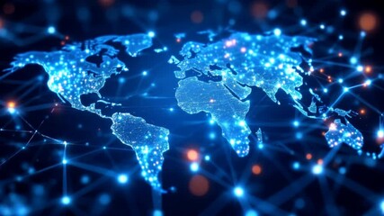 Global network connection, digital world map, data flow, bright nodes, technology background, website banner