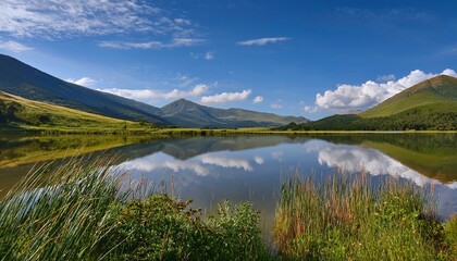 Wall Mural - Serene mountain lake reflecting a stunning sky.