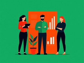 Poster - Three professionals discussing data in a modern office setting with charts and a plant in the background.