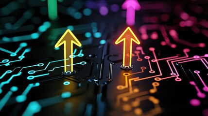 Poster - Abstract digital circuit design with vibrant arrows indicating growth or progress.