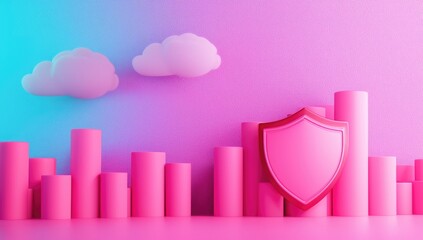 Poster - Colorful abstract scene with protective shield and geometric shapes against a sparkling background.