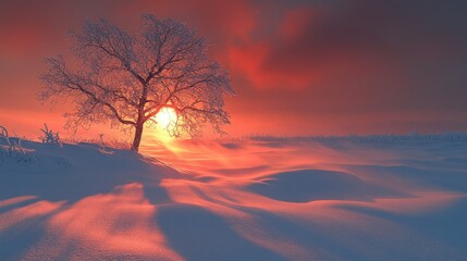 Poster - Snowy landscape, frost-covered tree, sunset glow.