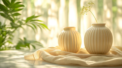 A closeup of elegant vintage lamp in soft beige and gold tones arranged on a marble surface with beige linen fabric draped around them The scene is bathed in warm natu