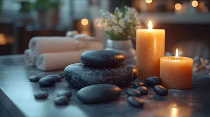 an array of hot rocks and candles set on the table ready for use in a spa setting the scene includes