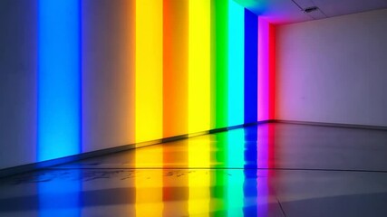 Poster - Vibrant colors illuminate a modern art gallery, creating a stunning kaleidoscope of light on the polished floor. Generative AI