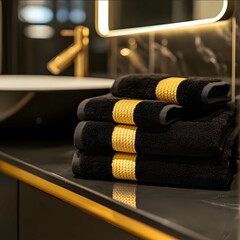 Wall Mural - fluffy terry towels in the bathroom in a black and gold palette