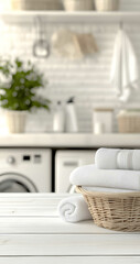 Wall Mural - Image of a laundry room with a blurred background with towels in a basket in the foreground focused on a table in white tones