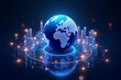 © NEW - A glowing blue globe surrounded by digital elements, representing global connectivity and technology in a futuristic setting.