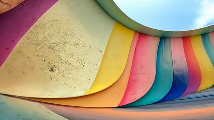 Poster - Vibrant colors dance along a curved wall in an urban art installation evoking joy and creativity in the afternoon light. Generative AI