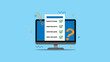 © dwiwahyu - Online survey, quality test and satisfaction report, feedback, or opinion form on display computer. Flat design vector illustration. Can used for presentation, background report, element banner. etc