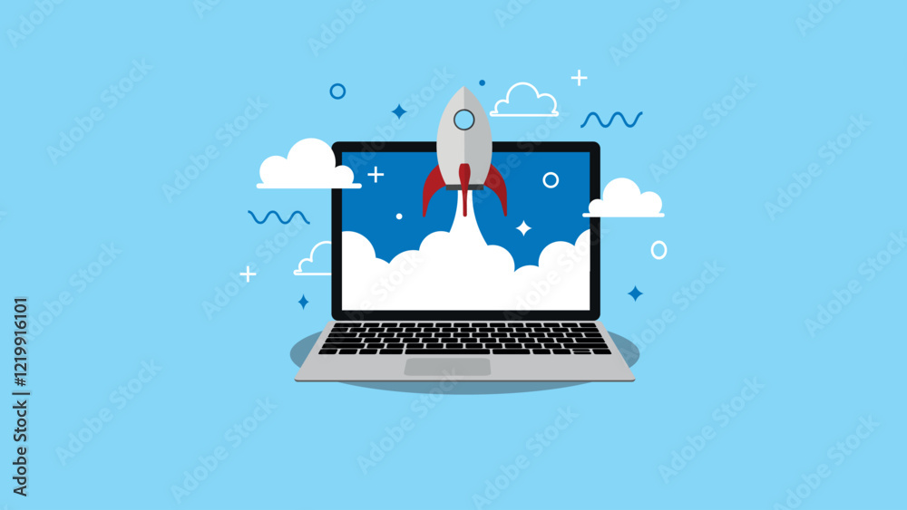 Space rocket launch from laptop screen as startup and marketing ...