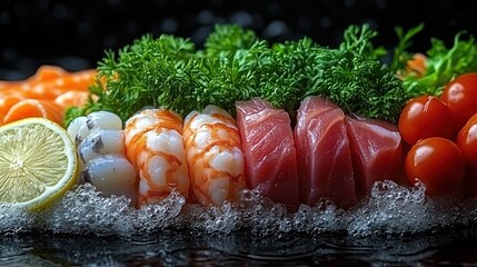 Canvas Print - Fresh seafood platter featuring vibrant sashimi, garnished with herbs and citrus, on ice