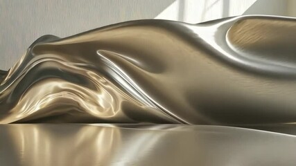 Poster - Elegant curves and shimmering reflections in a sunlit indoor space with flowing metallic textures. Generative AI