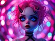© Zilvinas - Doll with pink hair and blue eyes amidst colorful bokeh lights.