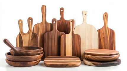 Assorted wooden kitchenware including cutting boards and bowls arranged aesthetically on white background