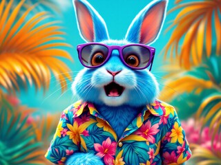  Blue bunny in sunglasses, Hawaiian shirt, with tropical palms background.