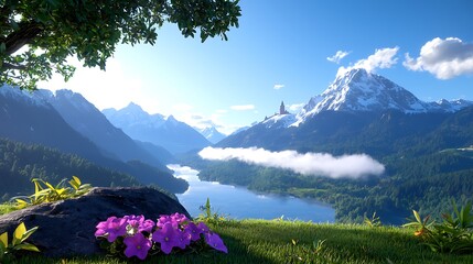 Wall Mural - serene mountain lake landscape with purple flowers