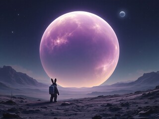 Wall Mural - Astronaut rabbit gazing at a giant moon in alien landscape.